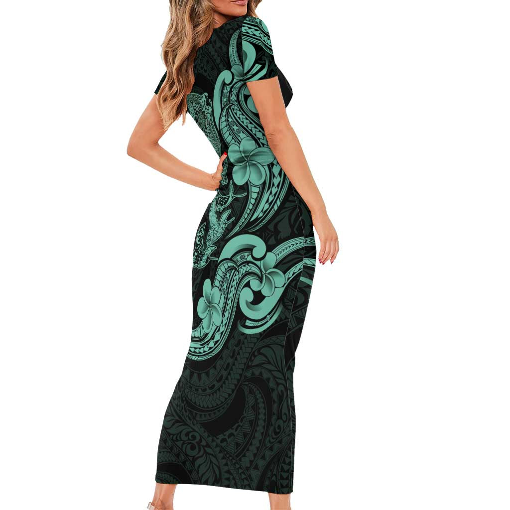 Hawaiian Manta Rays Family Matching Short Sleeve Bodycon Dress and Hawaiian Shirt Tribal Hibiscus Polynesian Tattoos Turquoise Color LT03 - Polynesian Pride