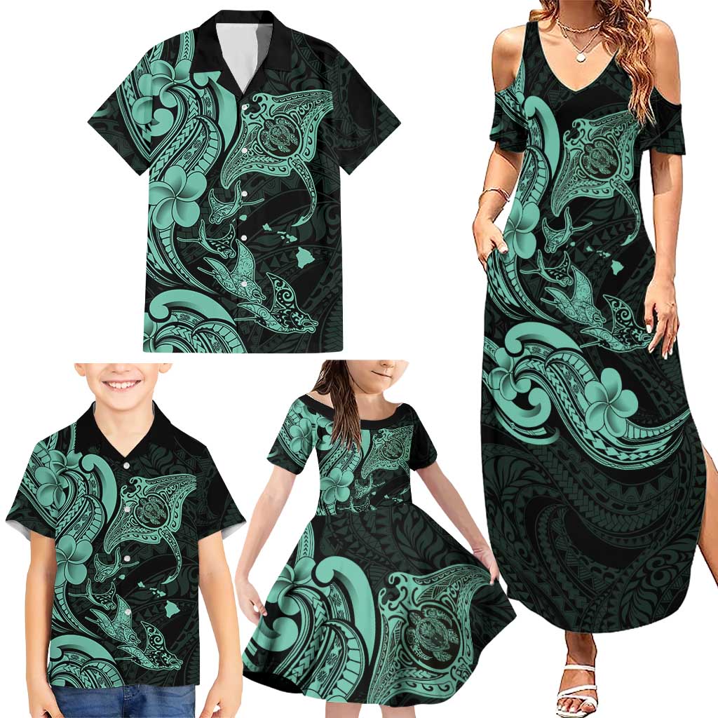 Hawaiian Manta Rays Family Matching Summer Maxi Dress and Hawaiian Shirt Tribal Hibiscus Polynesian Tattoos Turquoise Color LT03 - Polynesian Pride