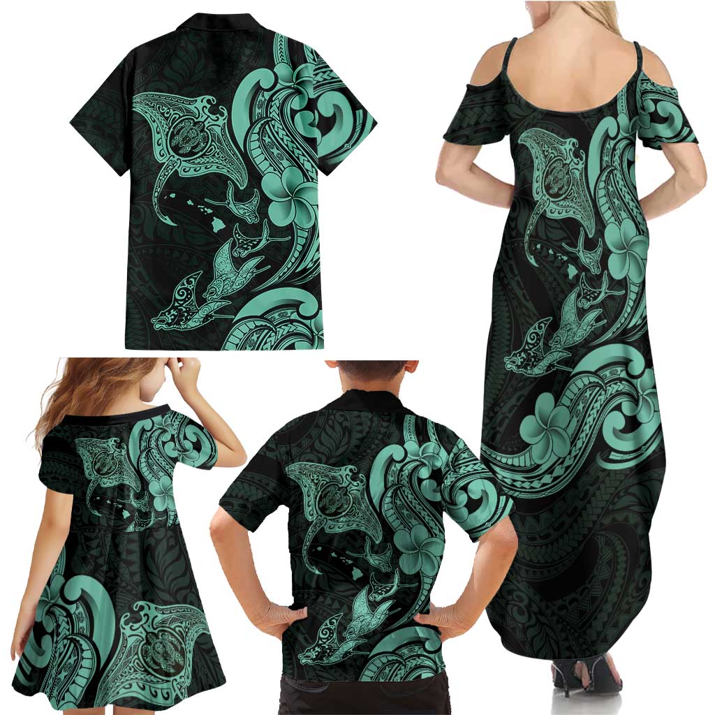 Hawaiian Manta Rays Family Matching Summer Maxi Dress and Hawaiian Shirt Tribal Hibiscus Polynesian Tattoos Turquoise Color LT03 - Polynesian Pride