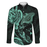 Hawaiian Manta Rays Family Matching Summer Maxi Dress and Hawaiian Shirt Tribal Hibiscus Polynesian Tattoos Turquoise Color LT03 Dad's Shirt - Long Sleeve Turquoise - Polynesian Pride