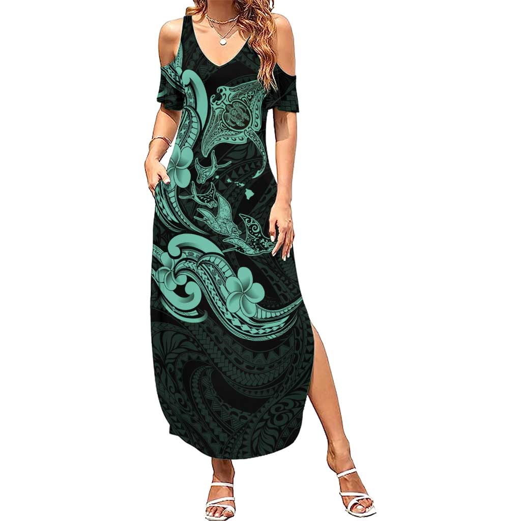 Hawaiian Manta Rays Family Matching Summer Maxi Dress and Hawaiian Shirt Tribal Hibiscus Polynesian Tattoos Turquoise Color LT03 Mom's Dress Turquoise - Polynesian Pride