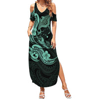 Hawaiian Manta Rays Family Matching Summer Maxi Dress and Hawaiian Shirt Tribal Hibiscus Polynesian Tattoos Turquoise Color LT03 Mom's Dress Turquoise - Polynesian Pride