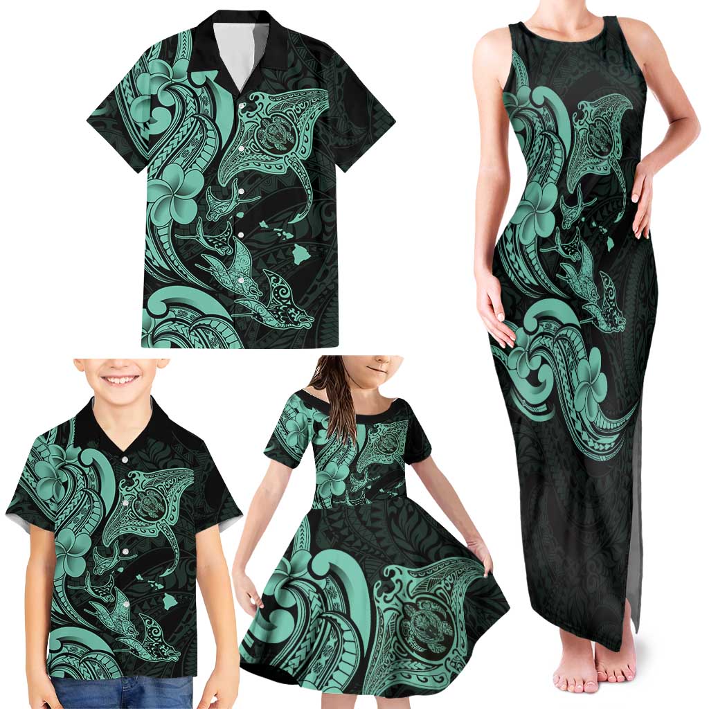 Hawaiian Manta Rays Family Matching Tank Maxi Dress and Hawaiian Shirt Tribal Hibiscus Polynesian Tattoos Turquoise Color LT03 - Polynesian Pride