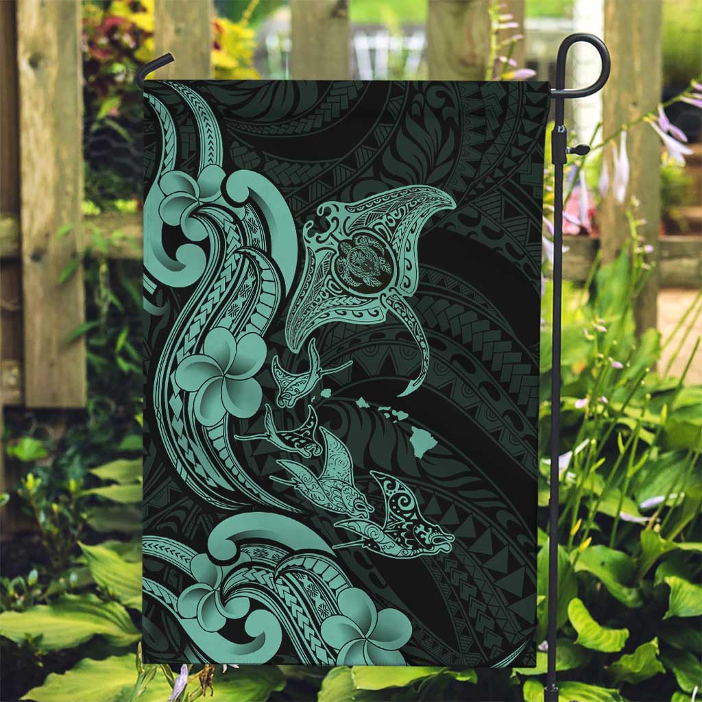 Hawaiian Manta Rays Garden Flag Tribal Hibiscus Polynesian Tattoos Turquoise Color - Polynesian Pride