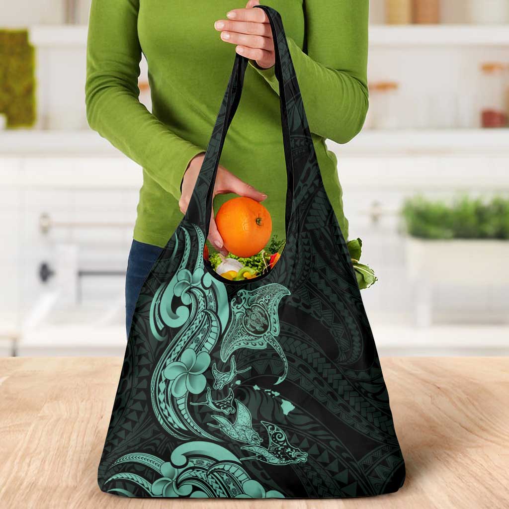 Hawaiian Manta Rays Grocery Bag Tribal Hibiscus Polynesian Tattoos Turquoise Color - Polynesian Pride
