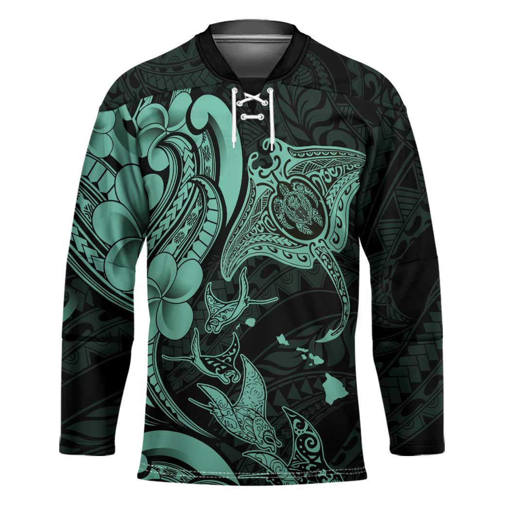 Hawaiian Manta Rays Hockey Jersey Tribal Hibiscus Polynesian Tattoos Turquoise Color - Polynesian Pride