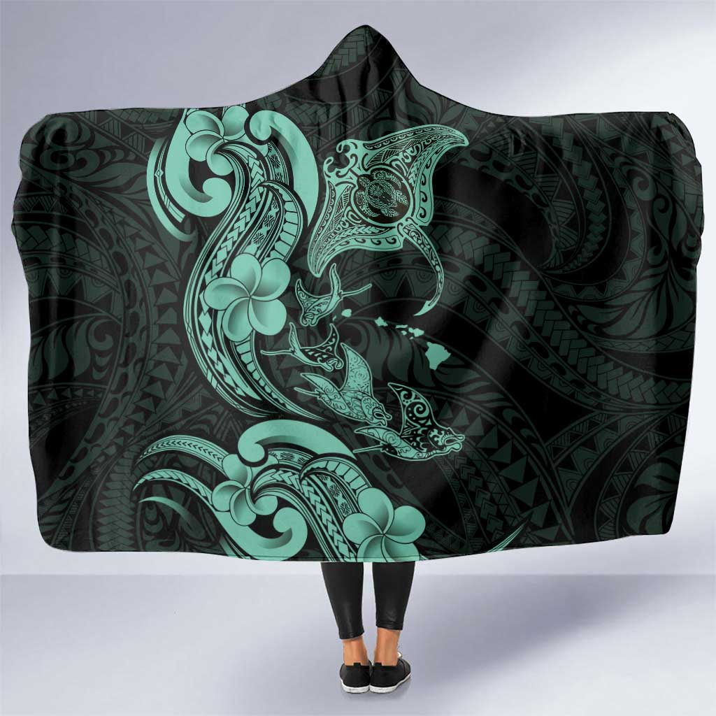 Hawaiian Manta Rays Hooded Blanket Tribal Hibiscus Polynesian Tattoos Turquoise Color LT03 One Size Turquoise - Polynesian Pride