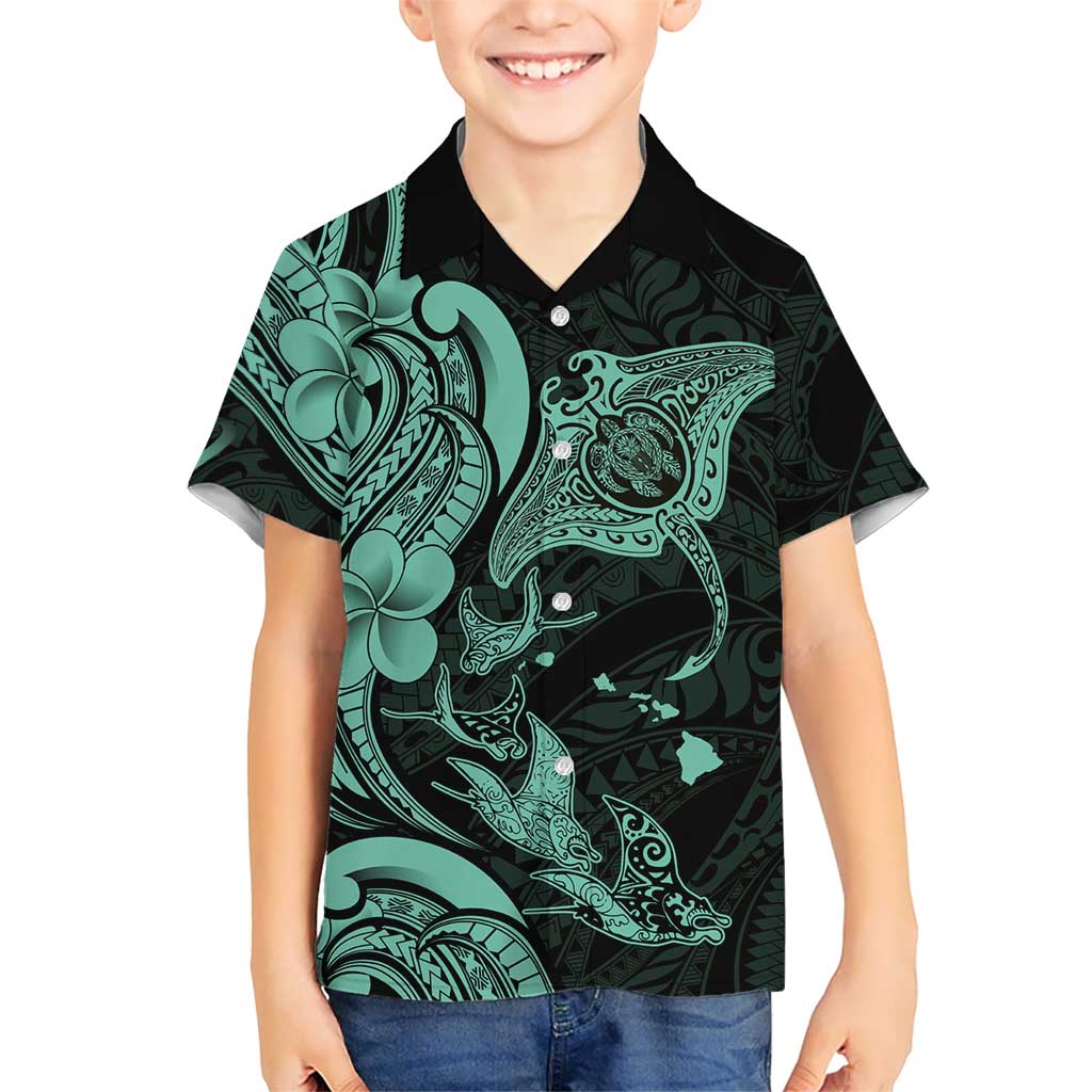 Hawaiian Manta Rays Kid Hawaiian Shirt Tribal Hibiscus Polynesian Tattoos Turquoise Color - Polynesian Pride