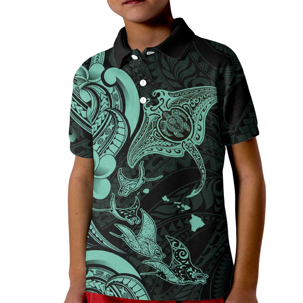 Hawaiian Manta Rays Kid Polo Shirt Tribal Hibiscus Polynesian Tattoos Turquoise Color - Polynesian Pride