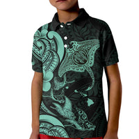 Hawaiian Manta Rays Kid Polo Shirt Tribal Hibiscus Polynesian Tattoos Turquoise Color - Polynesian Pride