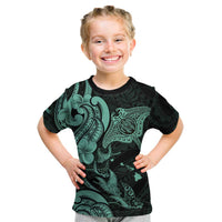 Hawaiian Manta Rays Kid T Shirt Tribal Hibiscus Polynesian Tattoos Turquoise Color - Polynesian Pride