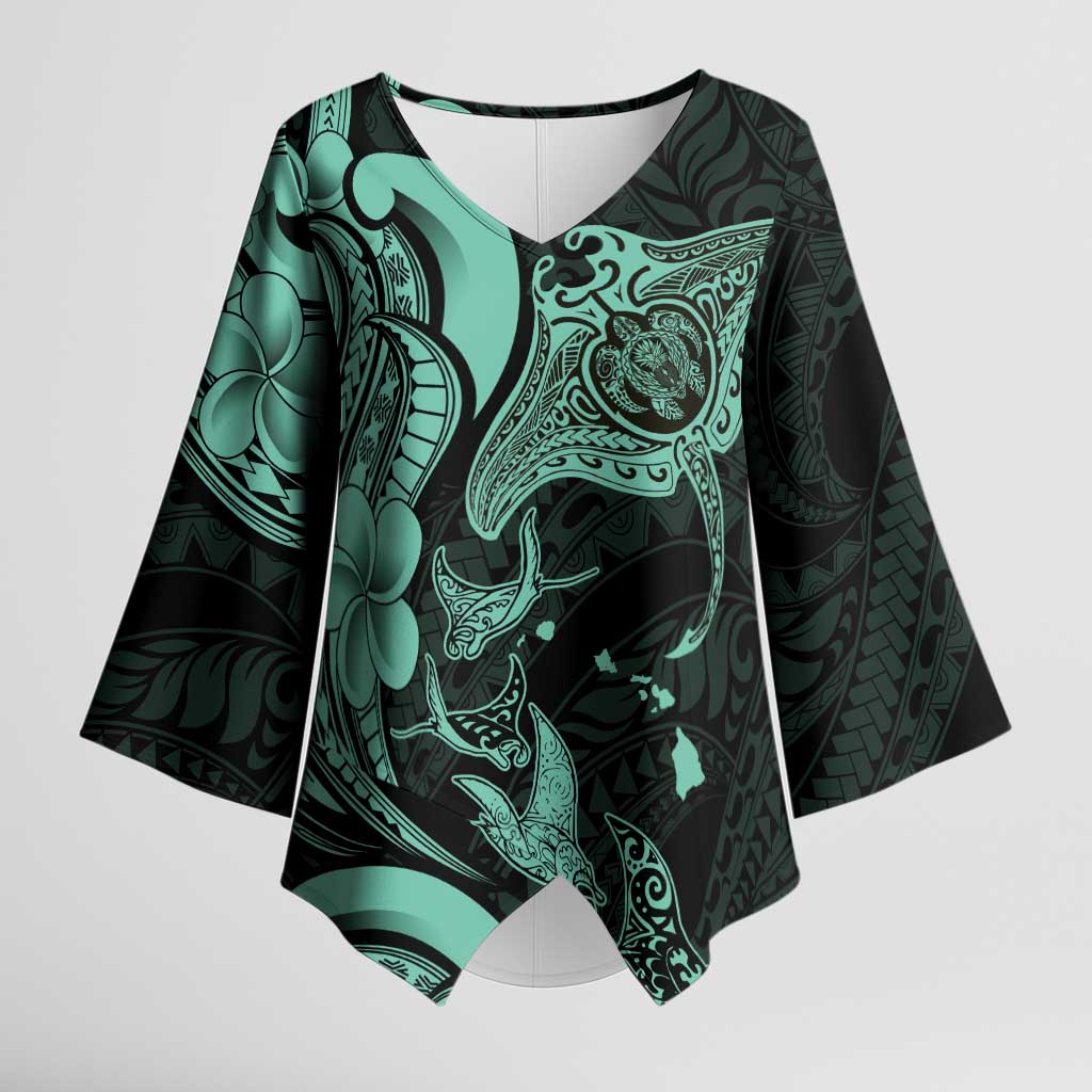 Hawaiian Manta Rays Kimono Sleeve Blouse Tribal Hibiscus Polynesian Tattoos Turquoise Color LT03 Female Turquoise - Polynesian Pride