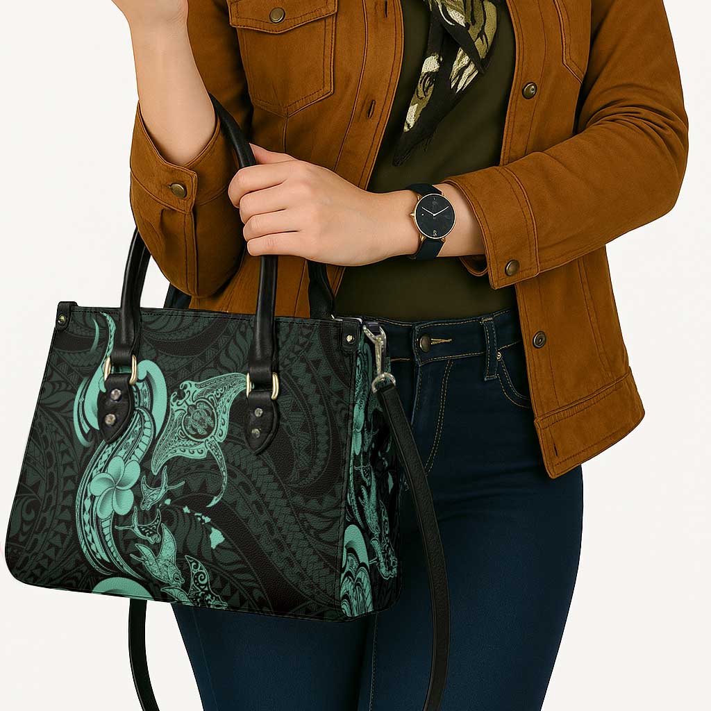 Hawaiian Manta Rays Leather Bag Tribal Hibiscus Polynesian Tattoos Turquoise Color - Polynesian Pride