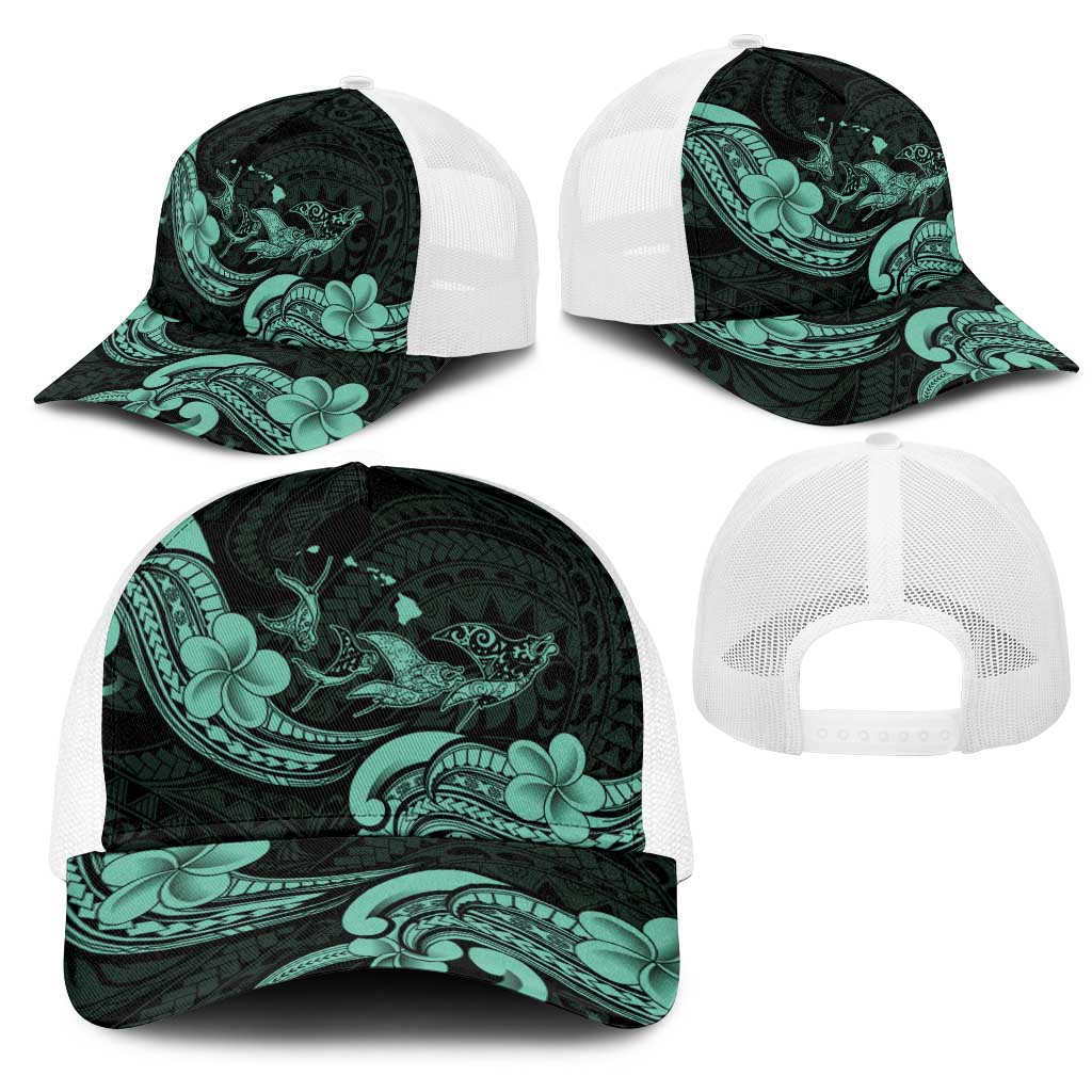 Hawaiian Manta Rays Mesh Trucker Cap Tribal Hibiscus Polynesian Tattoos Turquoise Color LT03 - Polynesian Pride
