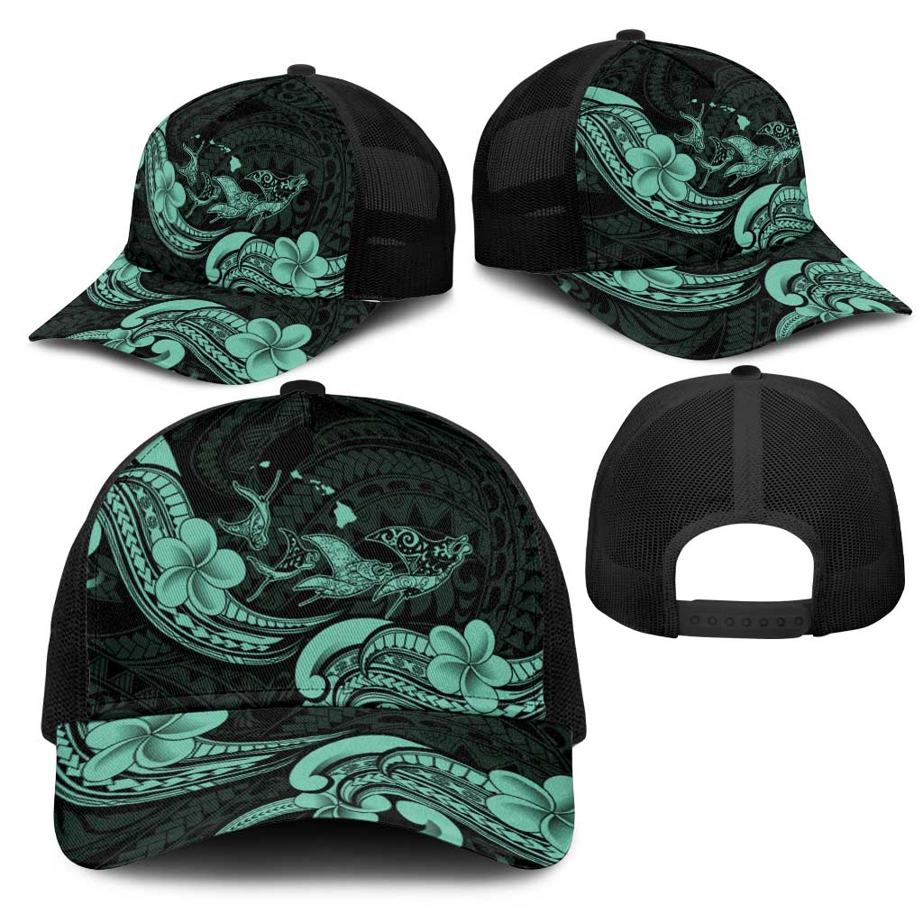 Hawaiian Manta Rays Mesh Trucker Cap Tribal Hibiscus Polynesian Tattoos Turquoise Color LT03 - Polynesian Pride