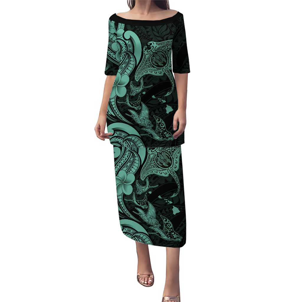 Hawaiian Manta Rays Puletasi Tribal Hibiscus Polynesian Tattoos Turquoise Color - Polynesian Pride