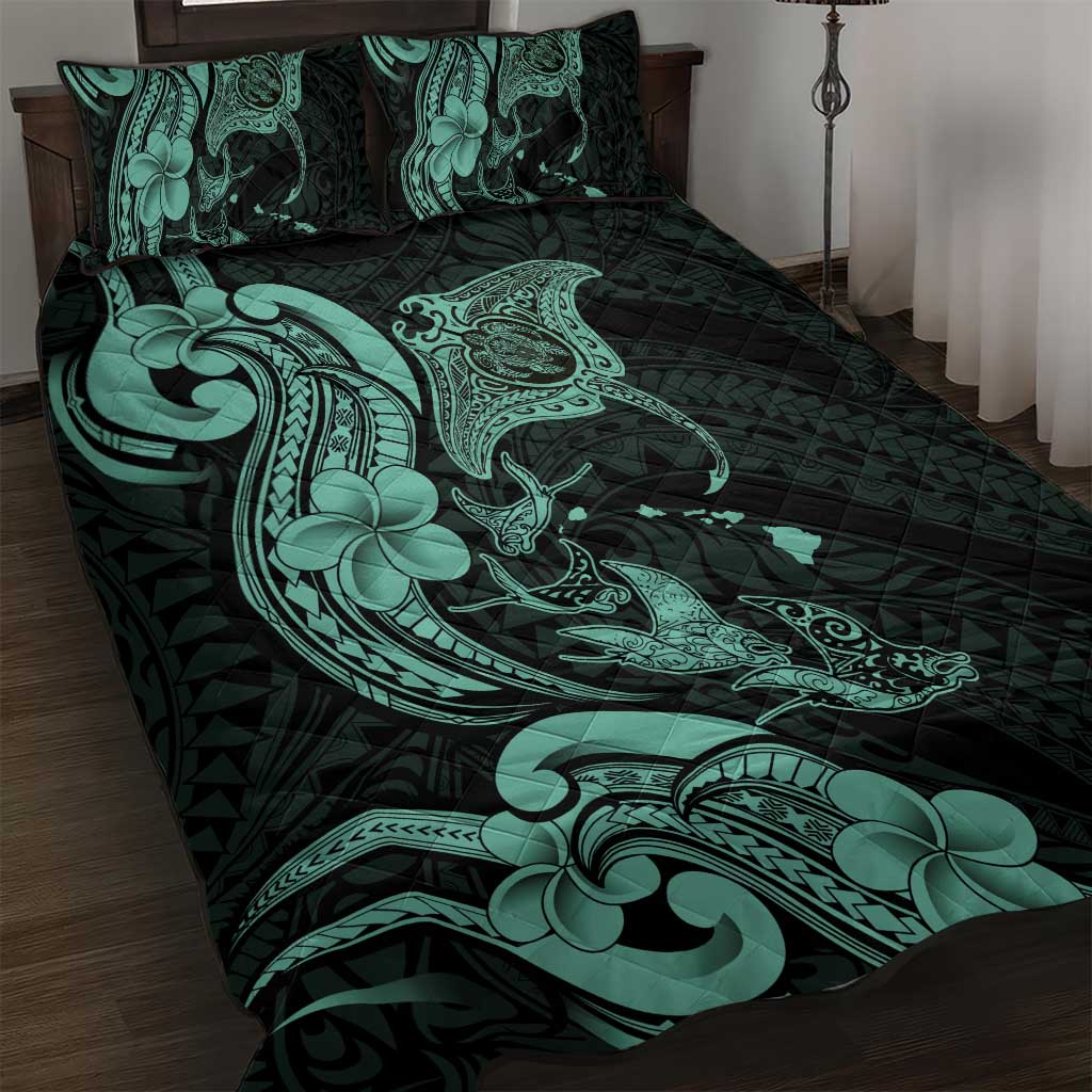Hawaiian Manta Rays Quilt Bed Set Tribal Hibiscus Polynesian Tattoos Turquoise Color LT03 Turquoise - Polynesian Pride