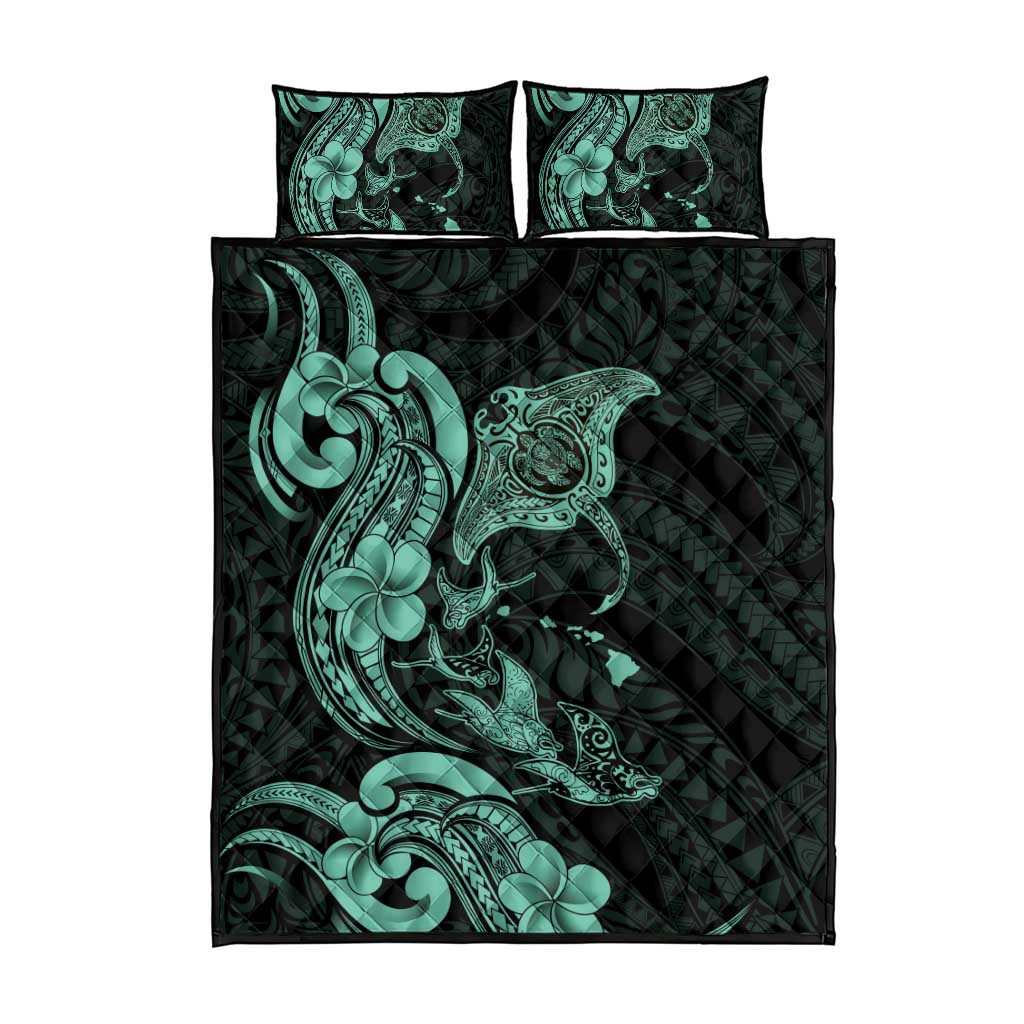 Hawaiian Manta Rays Quilt Bed Set Tribal Hibiscus Polynesian Tattoos Turquoise Color LT03 - Polynesian Pride