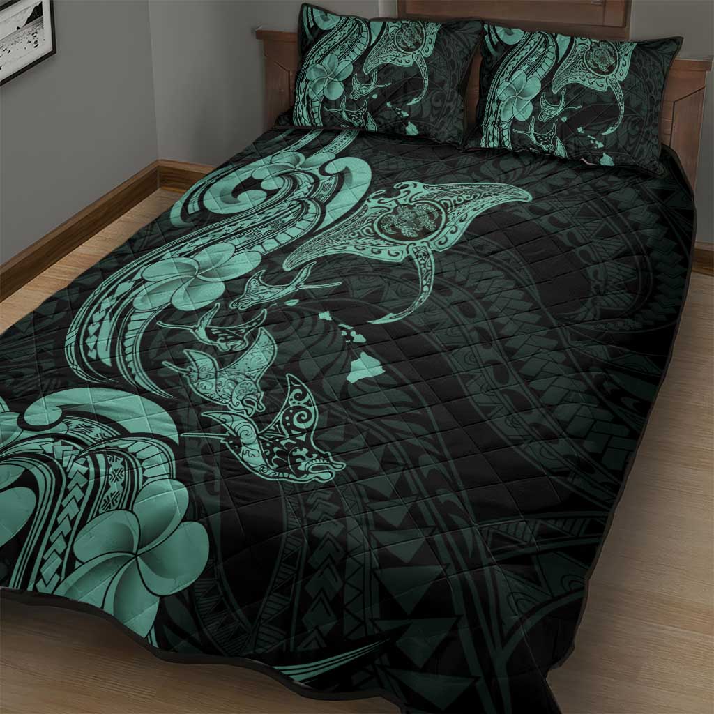 Hawaiian Manta Rays Quilt Bed Set Tribal Hibiscus Polynesian Tattoos Turquoise Color LT03 - Polynesian Pride