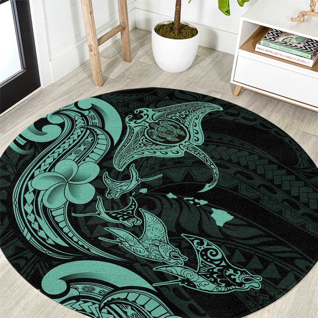 Hawaiian Manta Rays Round Carpet Tribal Hibiscus Polynesian Tattoos Turquoise Color LT03 Turquoise - Polynesian Pride