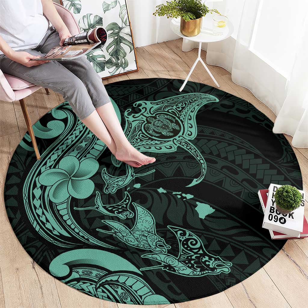 Hawaiian Manta Rays Round Carpet Tribal Hibiscus Polynesian Tattoos Turquoise Color LT03 - Polynesian Pride