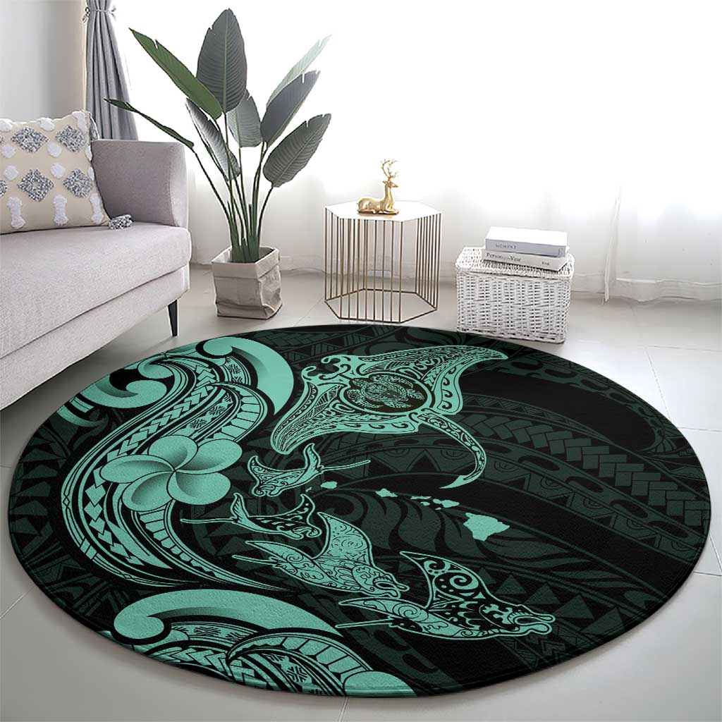 Hawaiian Manta Rays Round Carpet Tribal Hibiscus Polynesian Tattoos Turquoise Color LT03 - Polynesian Pride
