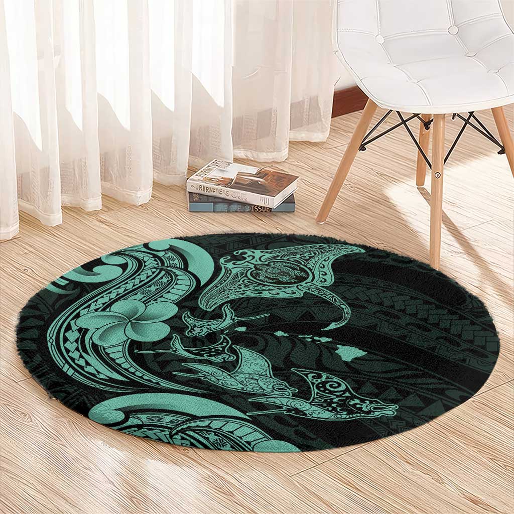 Hawaiian Manta Rays Round Carpet Tribal Hibiscus Polynesian Tattoos Turquoise Color LT03 - Polynesian Pride