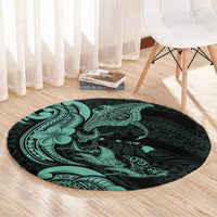 Hawaiian Manta Rays Round Carpet Tribal Hibiscus Polynesian Tattoos Turquoise Color LT03 - Polynesian Pride