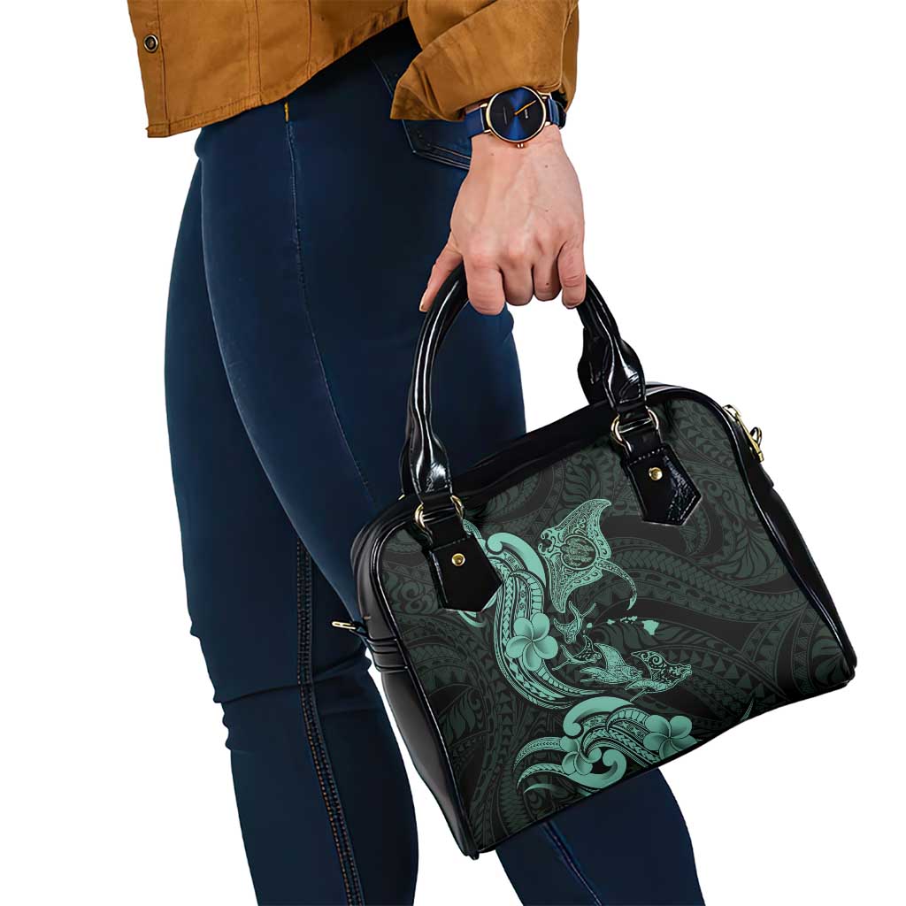 Hawaiian Manta Rays Shoulder Handbag Tribal Hibiscus Polynesian Tattoos Turquoise Color - Polynesian Pride