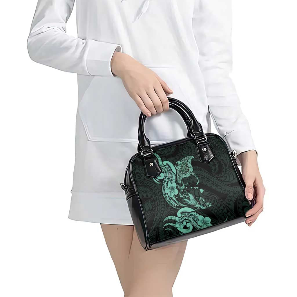 Hawaiian Manta Rays Shoulder Handbag Tribal Hibiscus Polynesian Tattoos Turquoise Color - Polynesian Pride