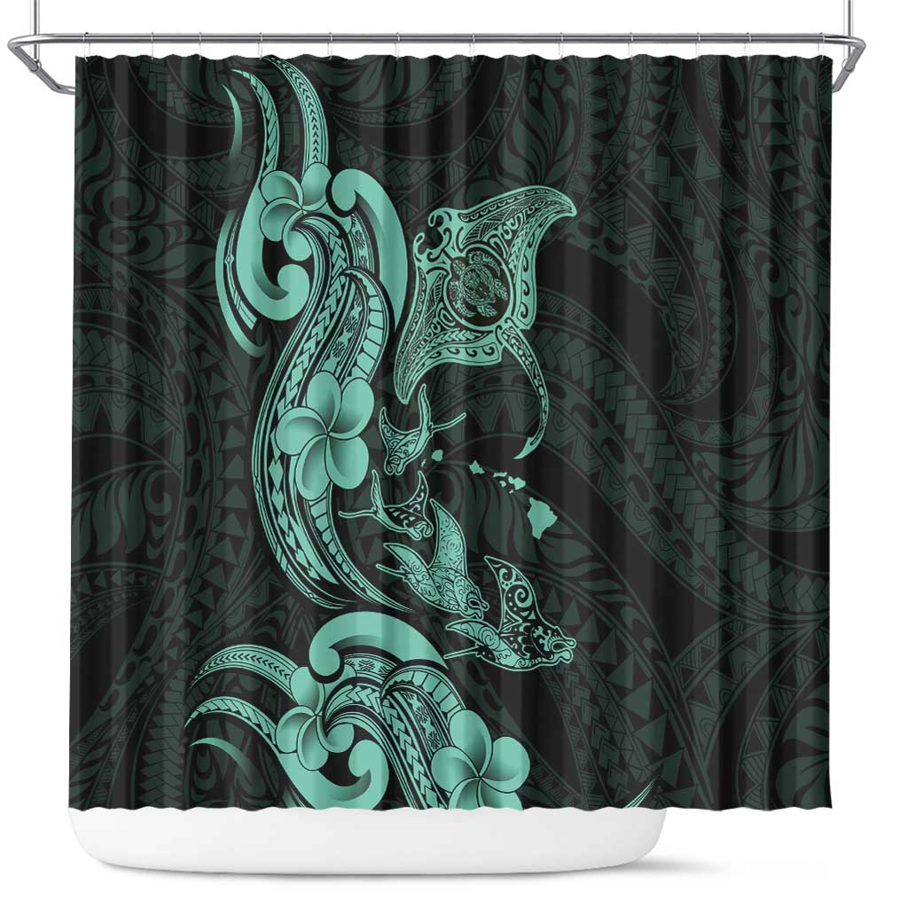 Hawaiian Manta Rays Shower Curtain Tribal Hibiscus Polynesian Tattoos Turquoise Color LT03 Turquoise - Polynesian Pride