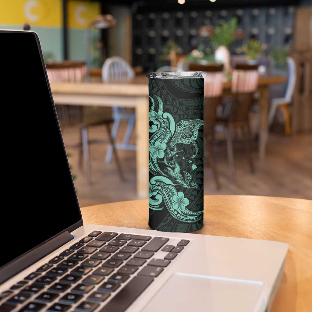Hawaiian Manta Rays Skinny Tumbler Tribal Hibiscus Polynesian Tattoos Turquoise Color - Polynesian Pride