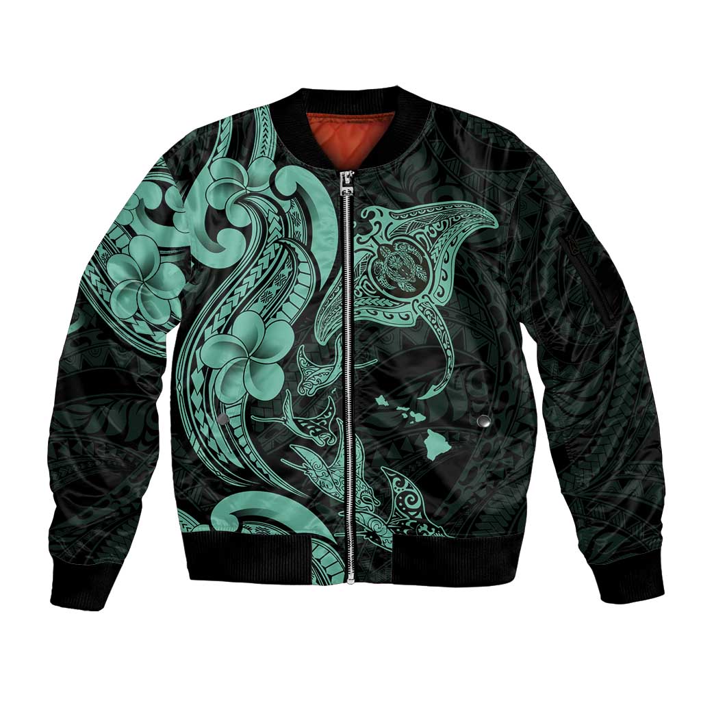 Hawaiian Manta Rays Sleeve Zip Bomber Jacket Tribal Hibiscus Polynesian Tattoos Turquoise Color LT03 Unisex Turquoise - Polynesian Pride