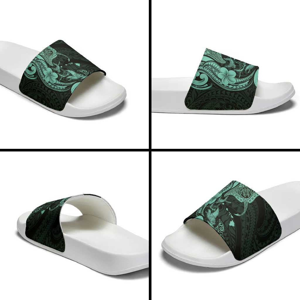 Hawaiian Manta Rays Slide Sandals Tribal Hibiscus Polynesian Tattoos Turquoise Color - Polynesian Pride