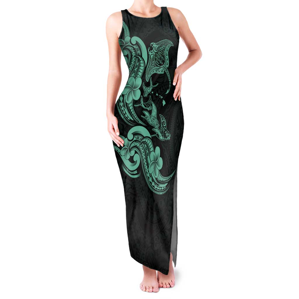 Hawaiian Manta Rays Tank Maxi Dress Tribal Hibiscus Polynesian Tattoos Turquoise Color - Polynesian Pride