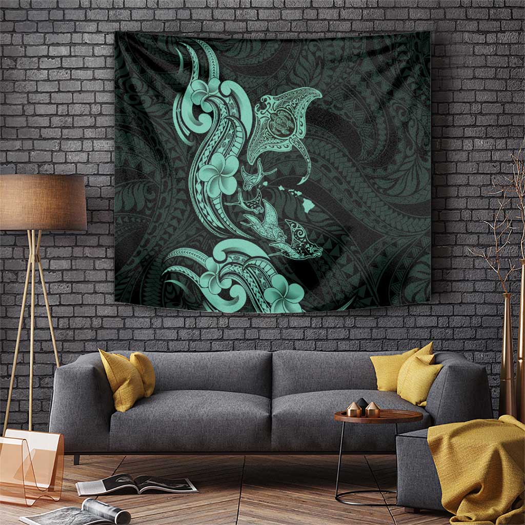 Hawaiian Manta Rays Tapestry Tribal Hibiscus Polynesian Tattoos Turquoise Color LT03 Turquoise - Polynesian Pride