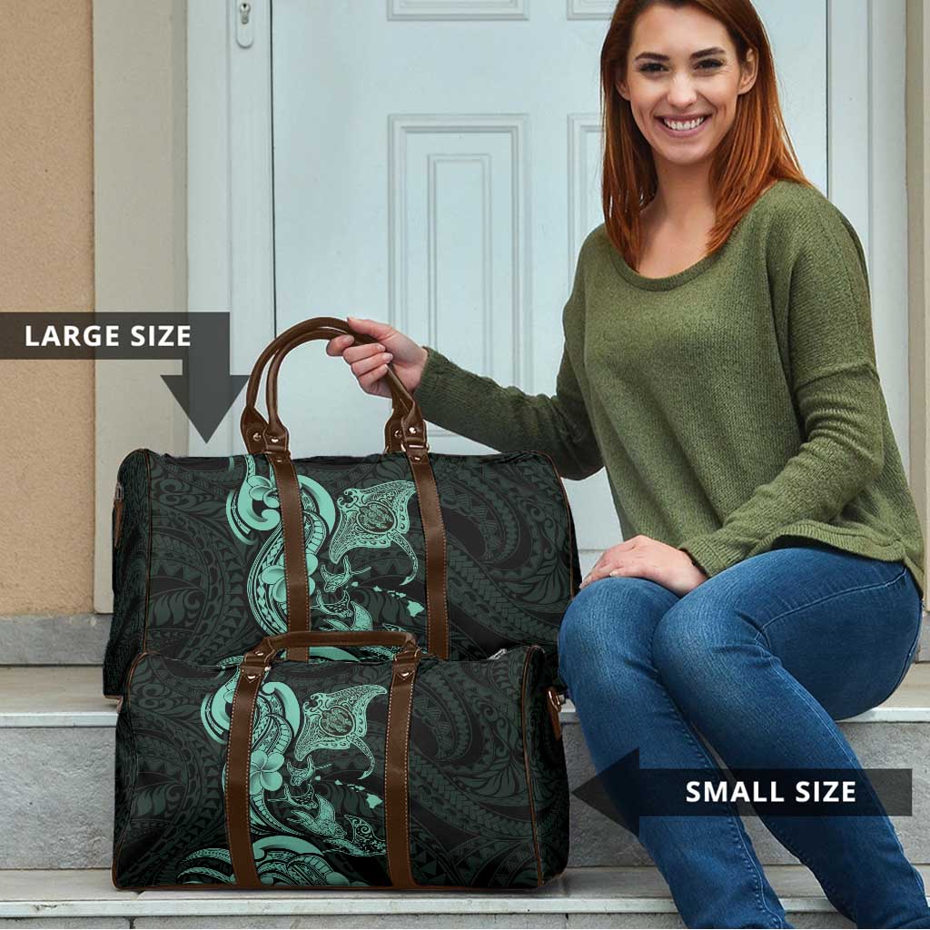 Hawaiian Manta Rays Travel Bag Tribal Hibiscus Polynesian Tattoos Turquoise Color - Polynesian Pride