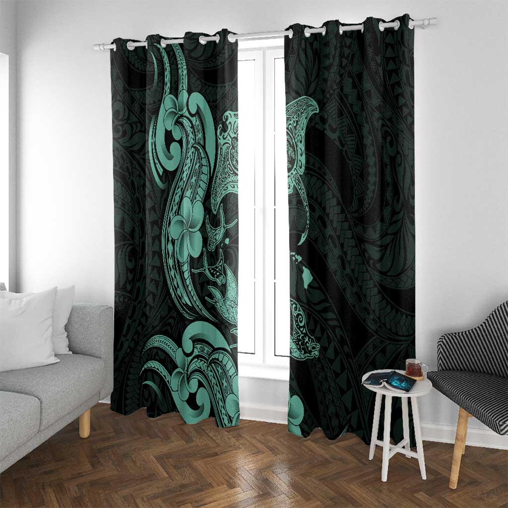 Hawaiian Manta Rays Window Curtain Tribal Hibiscus Polynesian Tattoos Turquoise Color - Polynesian Pride