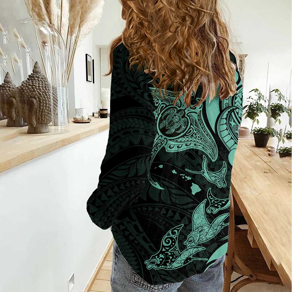 Hawaiian Manta Rays Women Casual Shirt Tribal Hibiscus Polynesian Tattoos Turquoise Color - Polynesian Pride