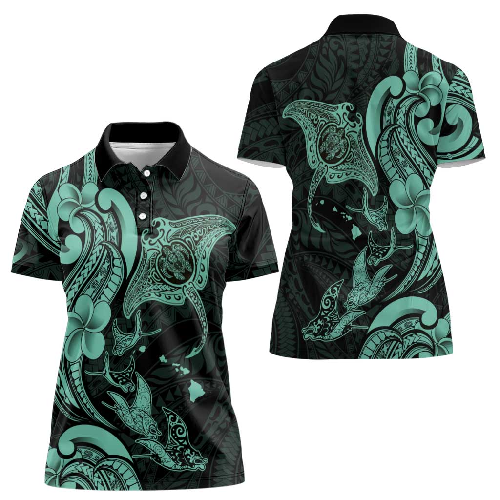 Hawaiian Manta Rays Women Polo Shirt Tribal Hibiscus Polynesian Tattoos Turquoise Color - Polynesian Pride
