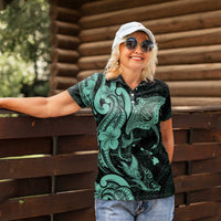 Hawaiian Manta Rays Women Polo Shirt Tribal Hibiscus Polynesian Tattoos Turquoise Color - Polynesian Pride