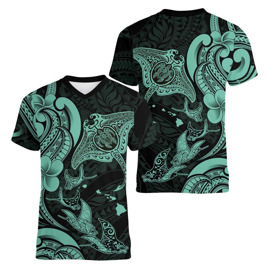 Hawaiian Manta Rays Women V-Neck T-Shirt Tribal Hibiscus Polynesian Tattoos Turquoise Color - Polynesian Pride