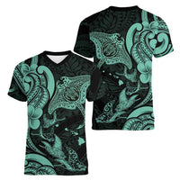 Hawaiian Manta Rays Women V-Neck T-Shirt Tribal Hibiscus Polynesian Tattoos Turquoise Color - Polynesian Pride