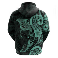 Hawaiian Manta Rays Zip Hoodie Tribal Hibiscus Polynesian Tattoos Turquoise Color - Polynesian Pride
