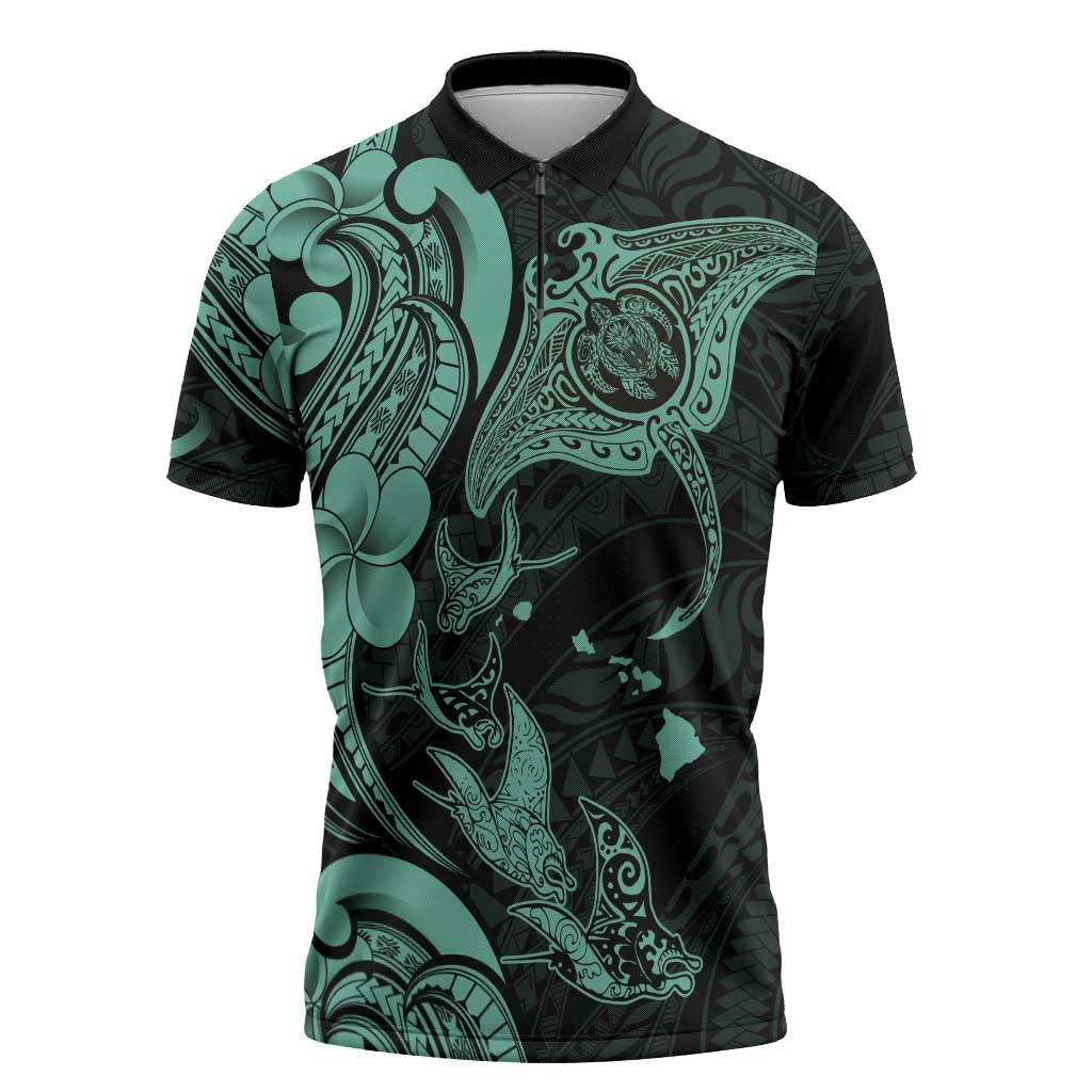 Hawaiian Manta Rays Zipper Polo Shirt Tribal Hibiscus Polynesian Tattoos Turquoise Color - Polynesian Pride