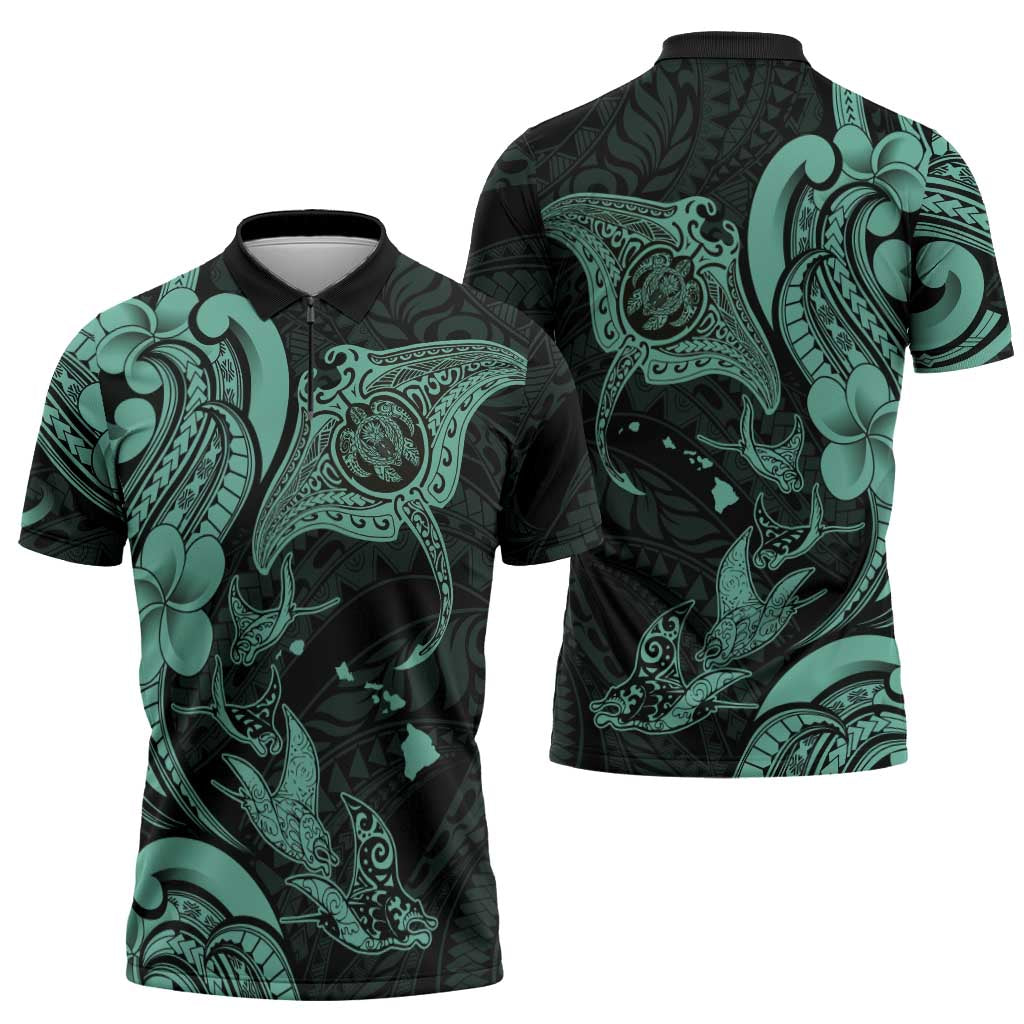 Hawaiian Manta Rays Zipper Polo Shirt Tribal Hibiscus Polynesian Tattoos Turquoise Color - Polynesian Pride