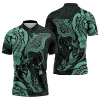 Hawaiian Manta Rays Zipper Polo Shirt Tribal Hibiscus Polynesian Tattoos Turquoise Color - Polynesian Pride