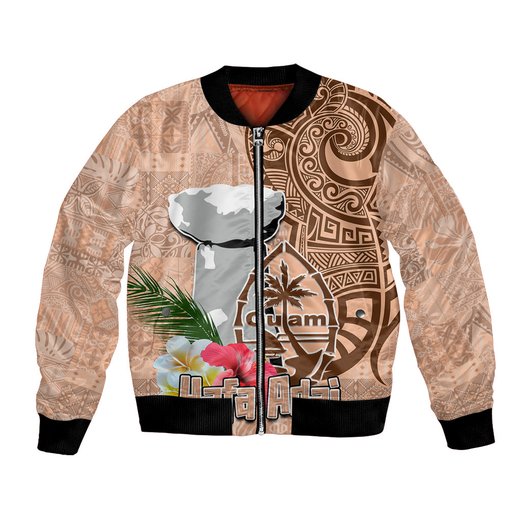 Guam Seal and Latte Stone With Ethnic Tapa Pattern Bomber Jacket Peach Fuzz Color LT03 Unisex Peach Fuzz - Polynesian Pride