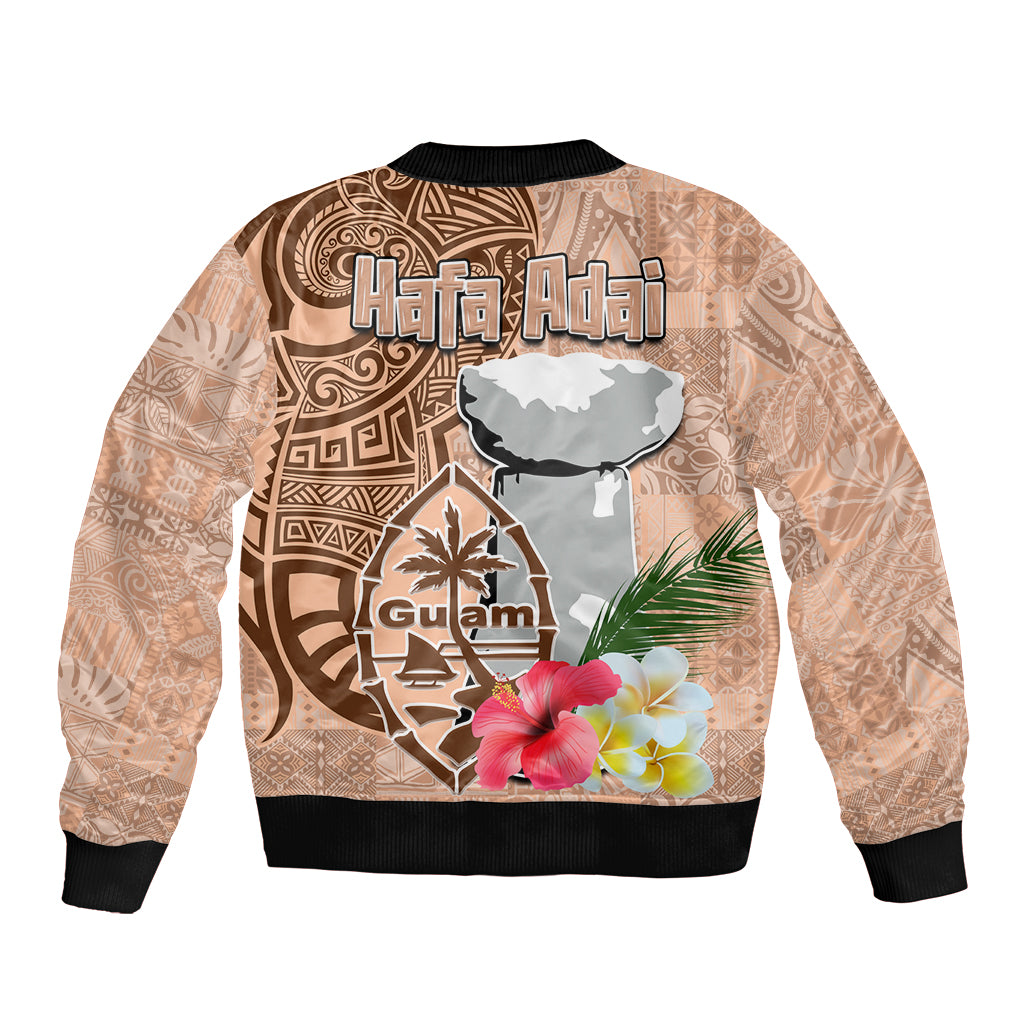 Guam Seal and Latte Stone With Ethnic Tapa Pattern Bomber Jacket Peach Fuzz Color LT03 - Polynesian Pride