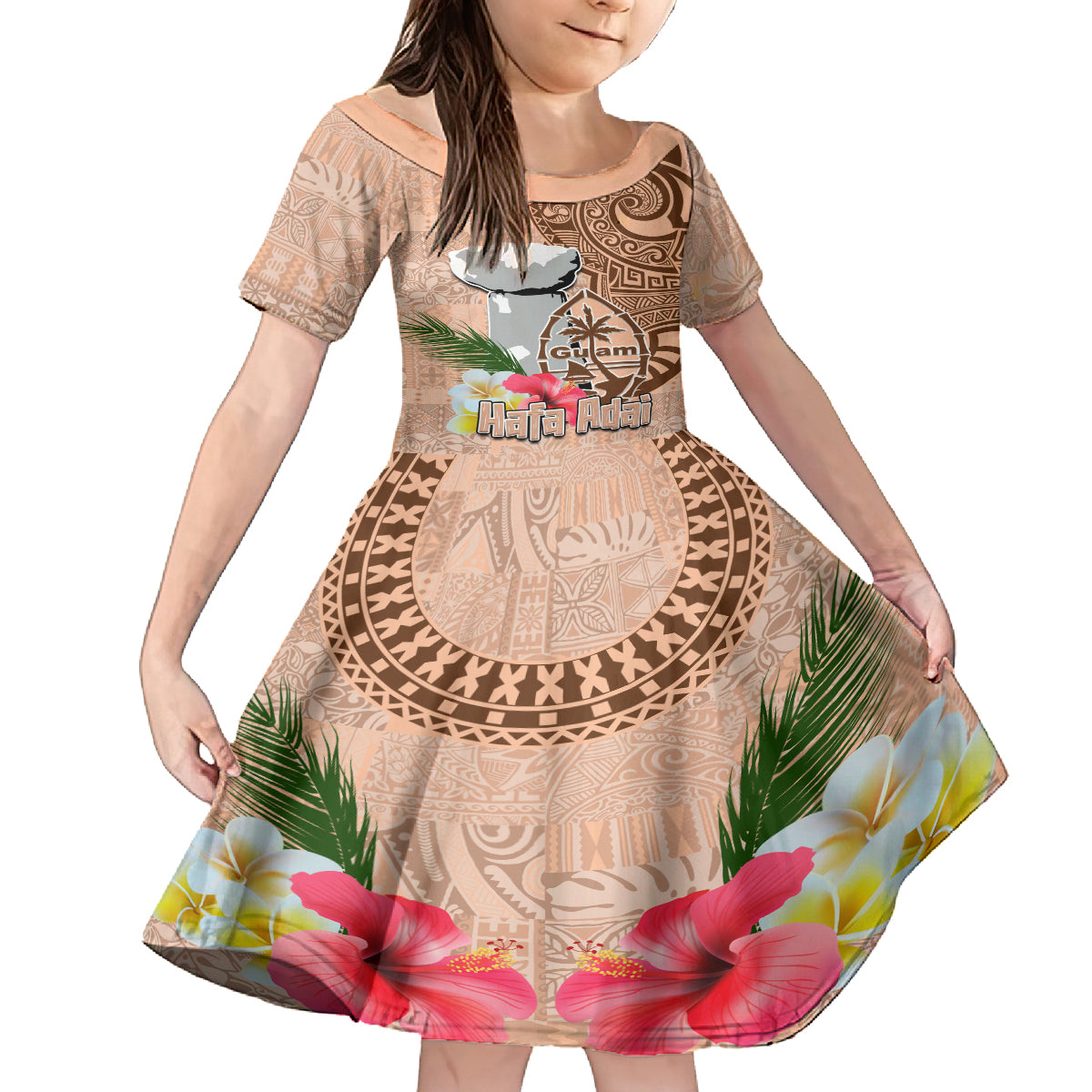 Guam Seal and Latte Stone With Ethnic Tapa Pattern Family Matching Summer Maxi Dress and Hawaiian Shirt Peach Fuzz Color LT03 Daughter's Dress Peach Fuzz - Polynesian Pride